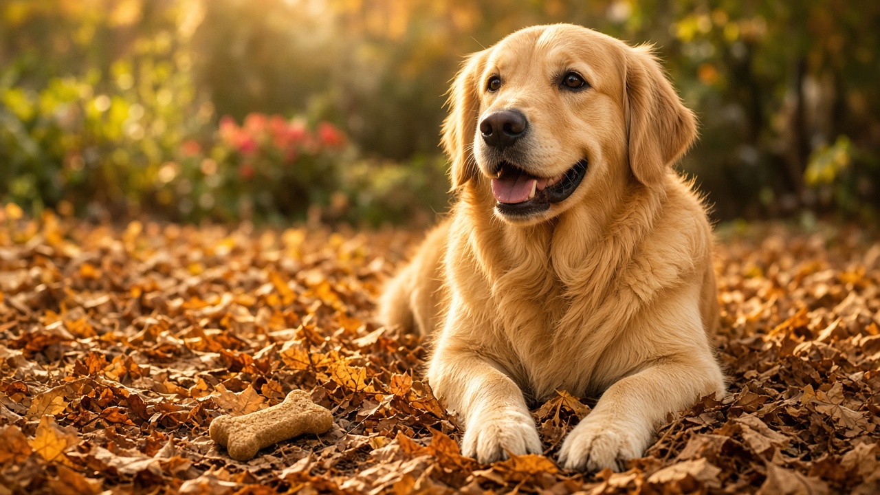 Hond kijkt verwachtingsvol naar een snack in een herfstige omgeving