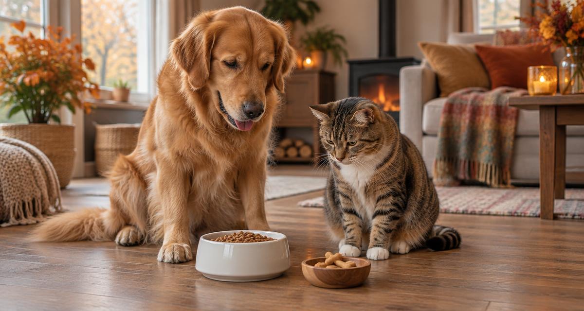 Golden retriever en cyperse kat bij een bak brokjes en een schaaltje snacks in een herfstige woonkamer