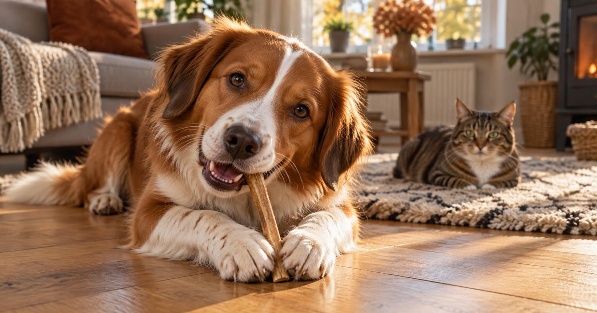 Bruin-witte hond ligt op een houten vloer en kauwt op een kauwstaaf, met een cyperse kat op een kleed op de achtergrond in een zonnige woonkamer