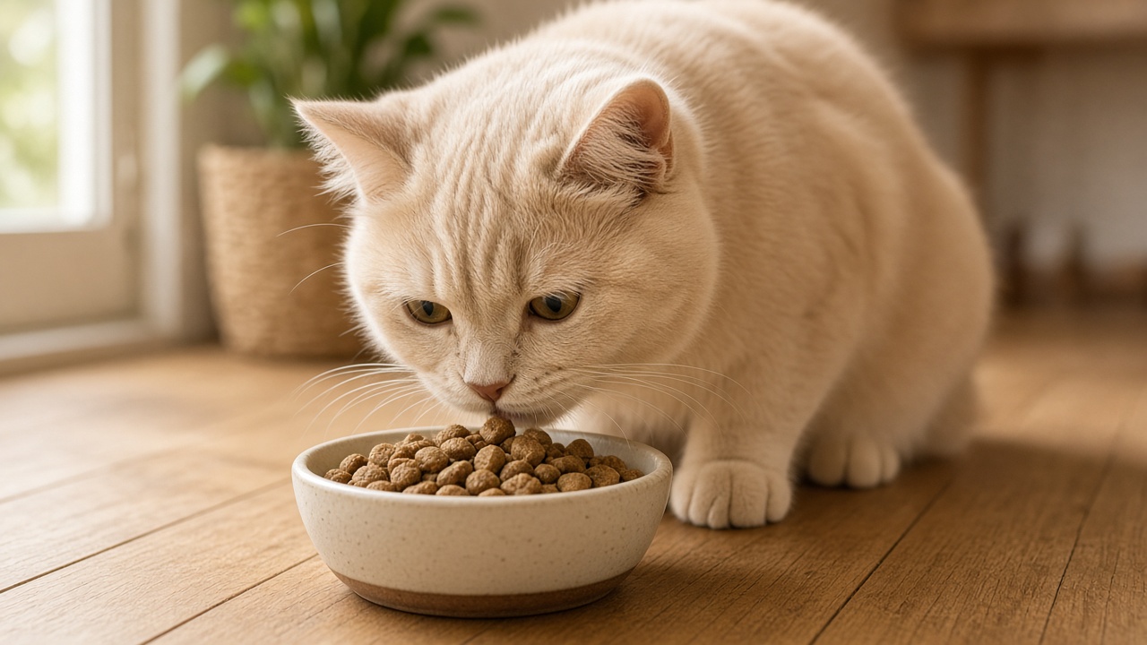 Crèmekleurige kat snuffelt aan een bakje brokjes