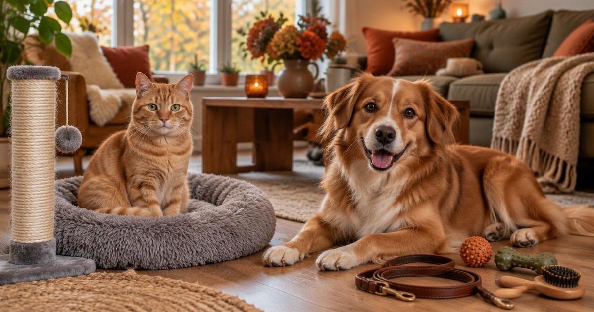 Rode kat in een grijze pluche mand naast een krabpaal, met een liggende hond, een leren riem, speeltjes en een borstel op een houten vloer