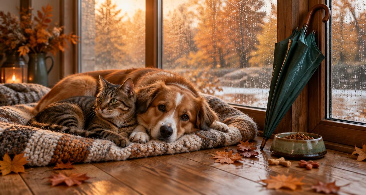 Cyperse kat en hond liggen samen op een gebreid kleed bij een regenachtig herfstraam, met een groene paraplu en een bakje brokjes